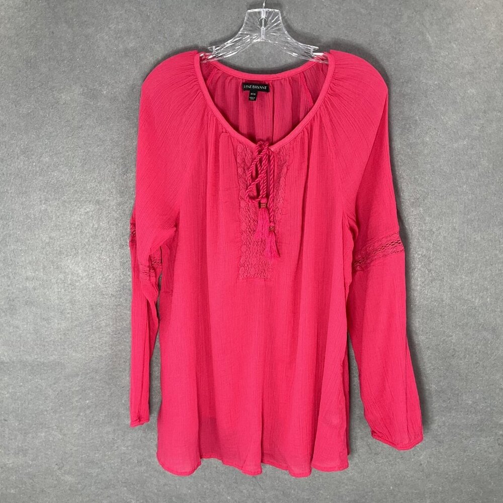 Lane Bryant Top Women Sz 18 Pink Tassels Embroidery Lightweight Peasant Boho